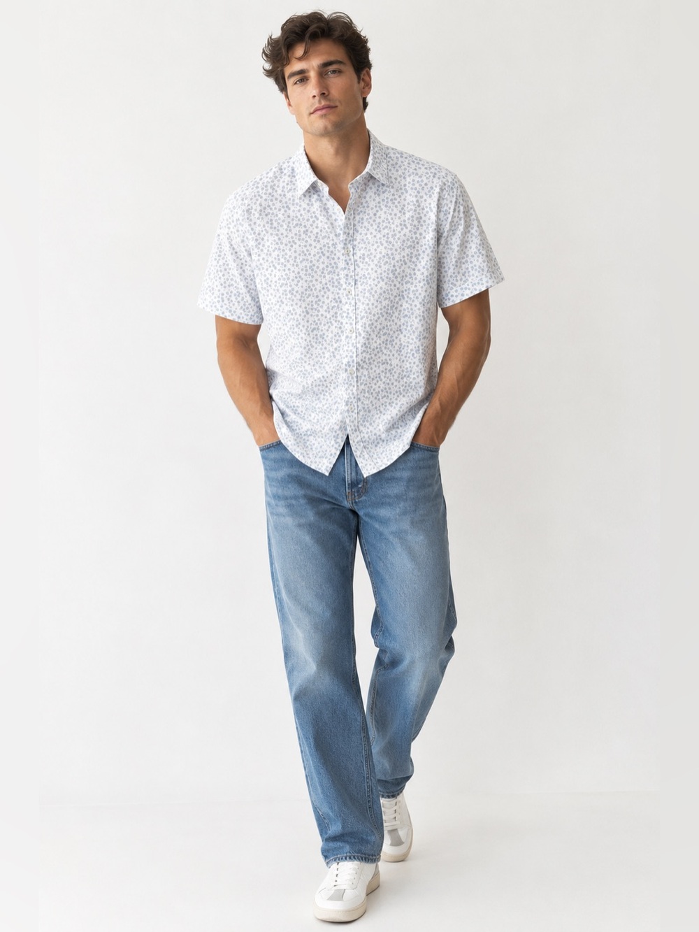 Ted Baker White Short-Sleeve Button-Down with Light Blue Floral Print